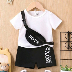 طقم تي شيرت وشورت طباعة حرفية كاجوال للأولاد
