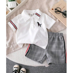 طقم قميص بولو مطرز بشخصية ديناصور مخطط ممتع للأولاد