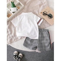 طقم قميص بولو مطرز بشخصية ديناصور مخطط ممتع للأولاد