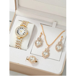 ساعات مزينة بحجر الراين و طقم مجوهرات بديكور حجر الراين 4 قطع