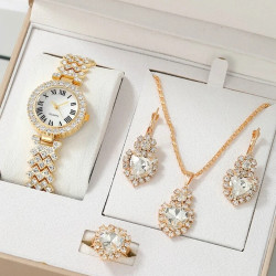 ساعات مزينة بحجر الراين و طقم مجوهرات بديكور حجر الراين 4 قطع