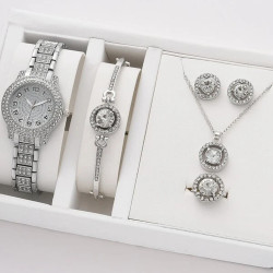 ساعات كوارتز و 5 قطع طقم مجوهرات فضية 
