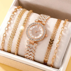 ساعة كوارتز بديكور حجر الراين دائري و 5 قطع اساور