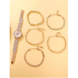 ساعة كوارتز بديكور حجر الراين دائري و 5 قطع اساور